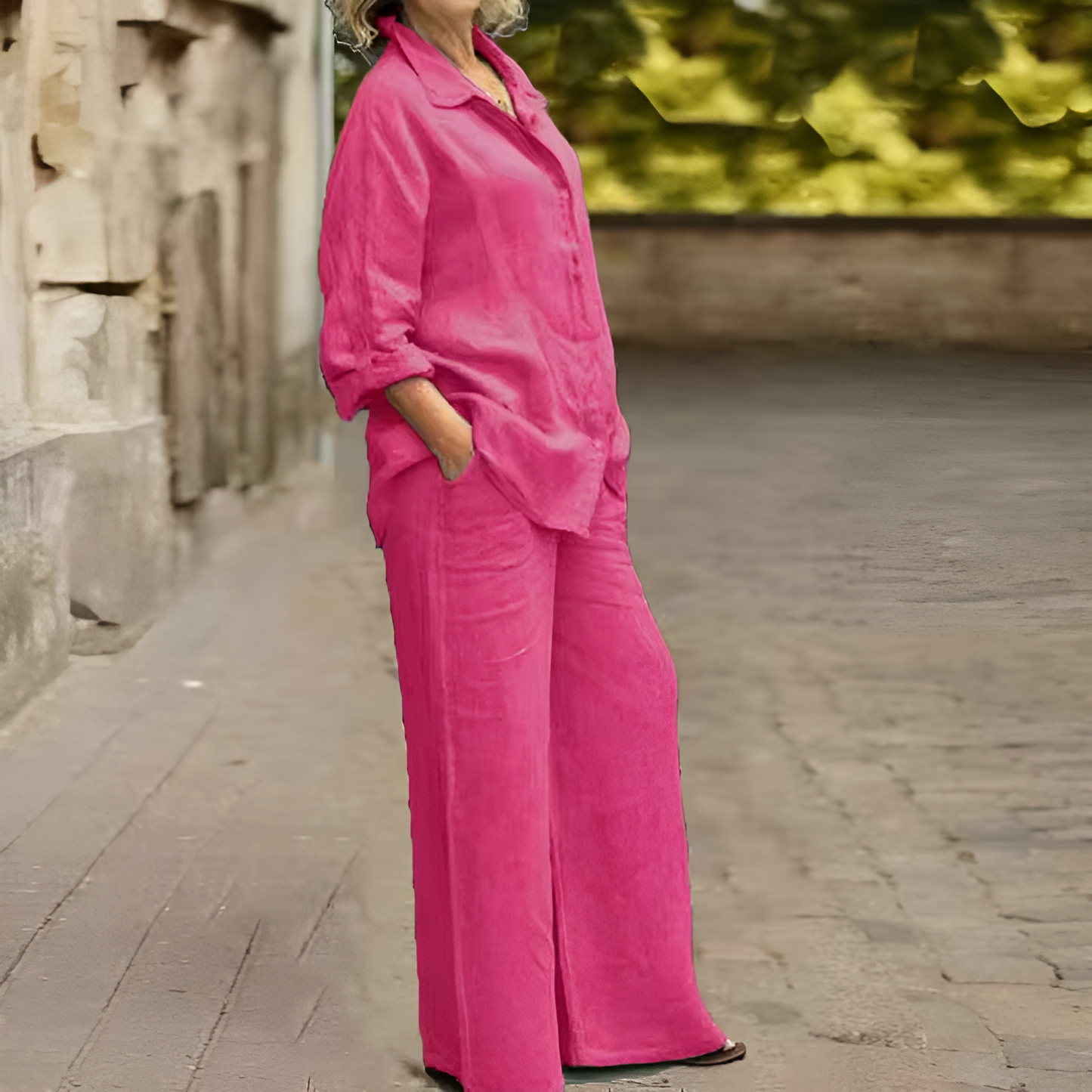 Women's Linen Blend Shirt & Wide-Leg Pants Set in Royal Blue – front view | Hensley London