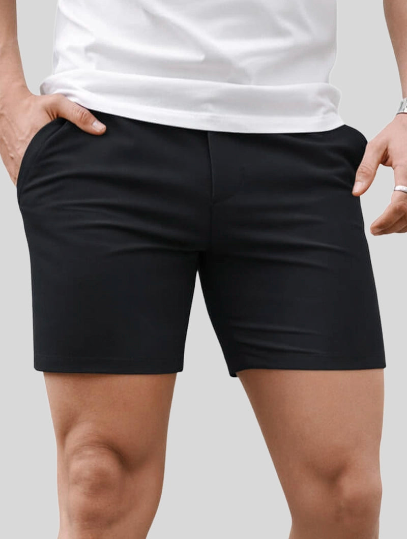 Men's Stretch Tailored Chino Shorts in Black – front view | Hensley London