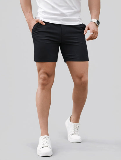 Men's Stretch Tailored Chino Shorts in Black – side view | Hensley London