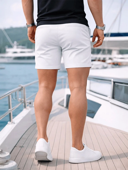 Men's Straight-Fit Stretch Shorts – product view | Hensley London