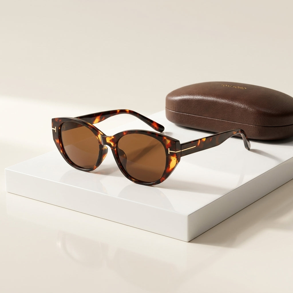 Women's Oval Frame Retro Sunglasses in Leopard – angled view | Hensley London
