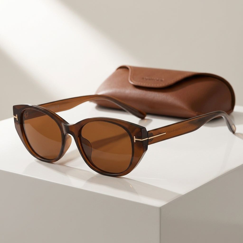 Women's Oval Frame Retro Sunglasses in Brown – angled view | Hensley London