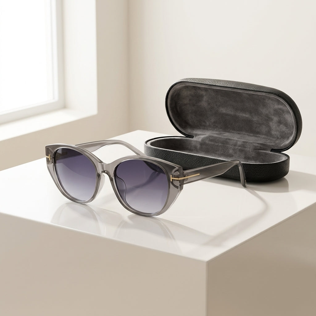 Women's Oval Frame Retro Sunglasses in Gray – angled view | Hensley London