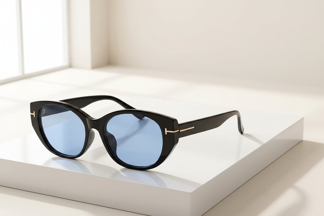 Women's Oval Frame Retro Sunglasses in Blue – angled view | Hensley London