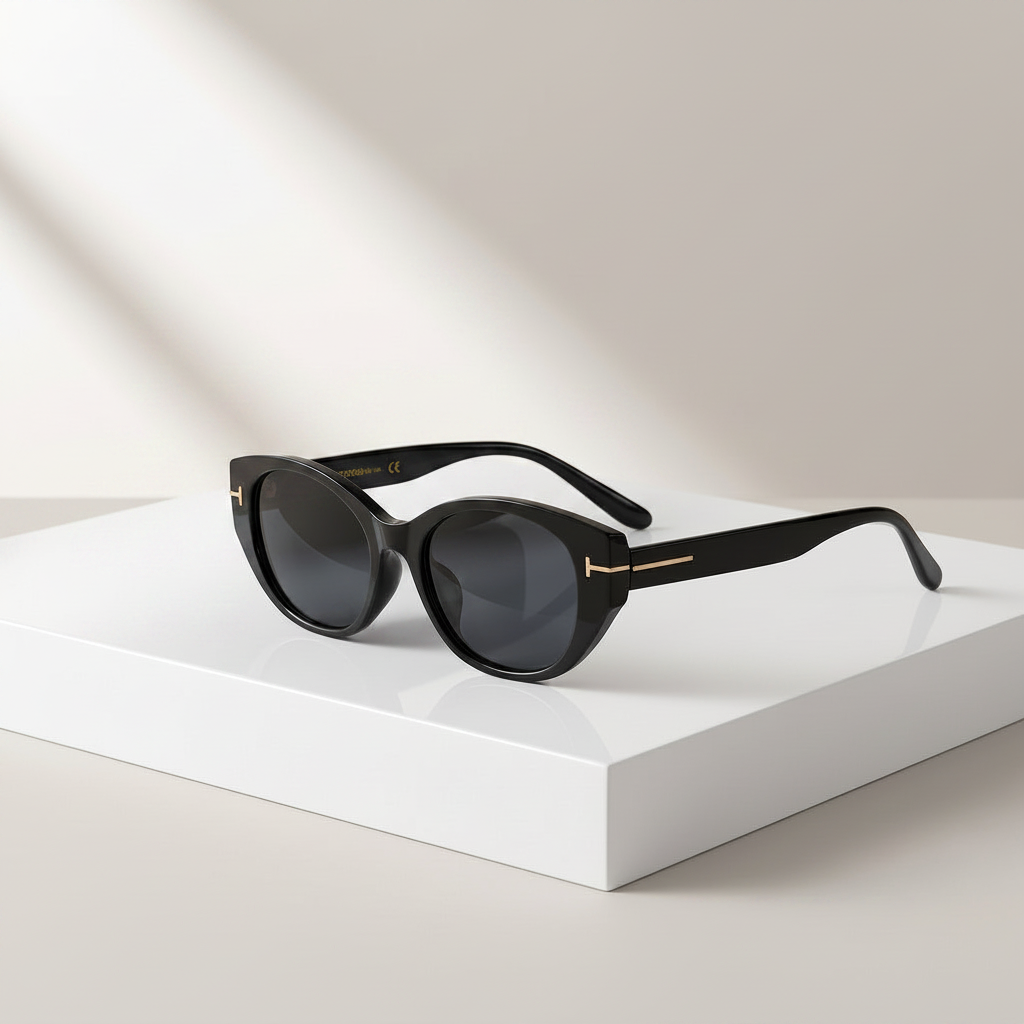 Women's Oval Frame Retro Sunglasses in Black – angled view | Hensley London