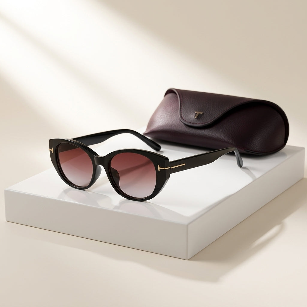 Women's Oval Frame Retro Sunglasses in Shadow – angled view | Hensley London