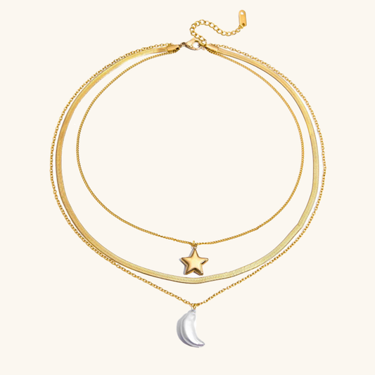 Layered Gold Necklace with Sun and Moon Charms, Waterproof Hypoallergenic Jewelry for Women 0