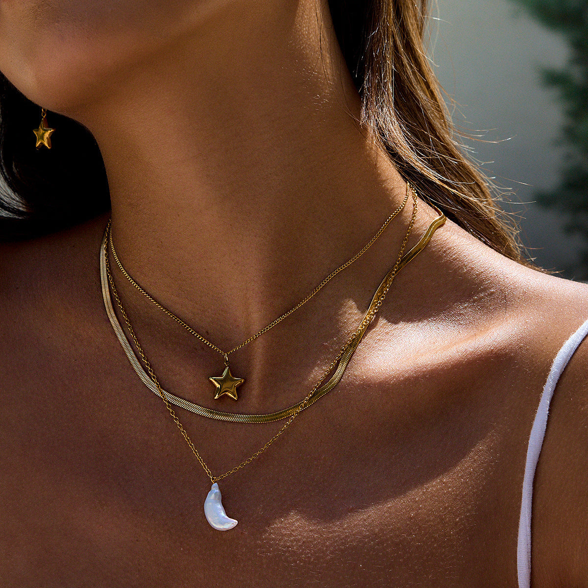 Layered Gold Necklace with Sun and Moon Charms, Waterproof Hypoallergenic Jewelry for Women 2