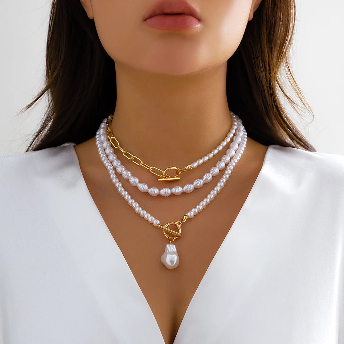 Layered Pearl Necklace Set for Women – Adjustable Lengths, Elegant Beaded Design, Stainless Steel Accents