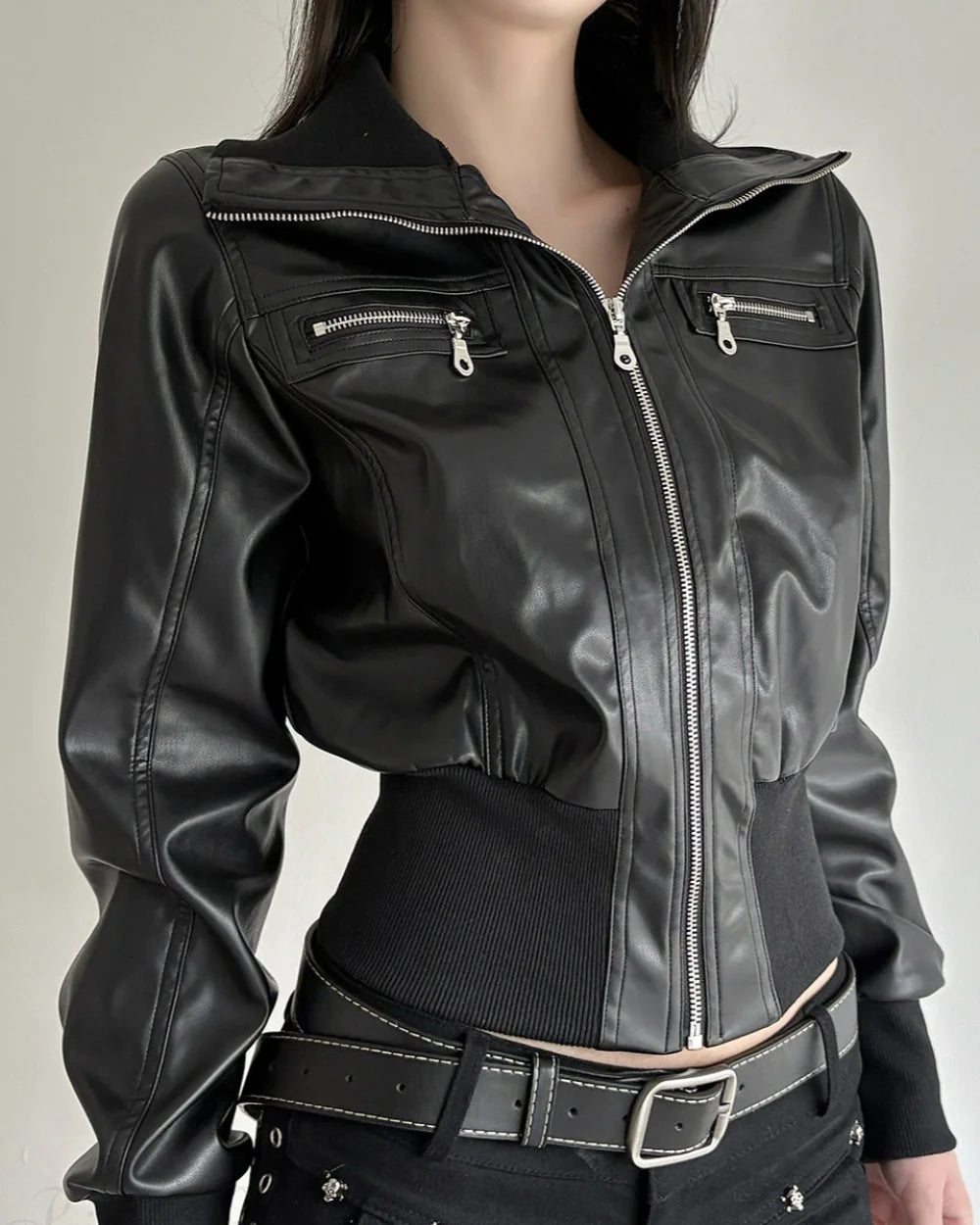 Luxe Women's Leather Jacket | Slim Fit, Stand Collar, Chic Patchwork Design 1