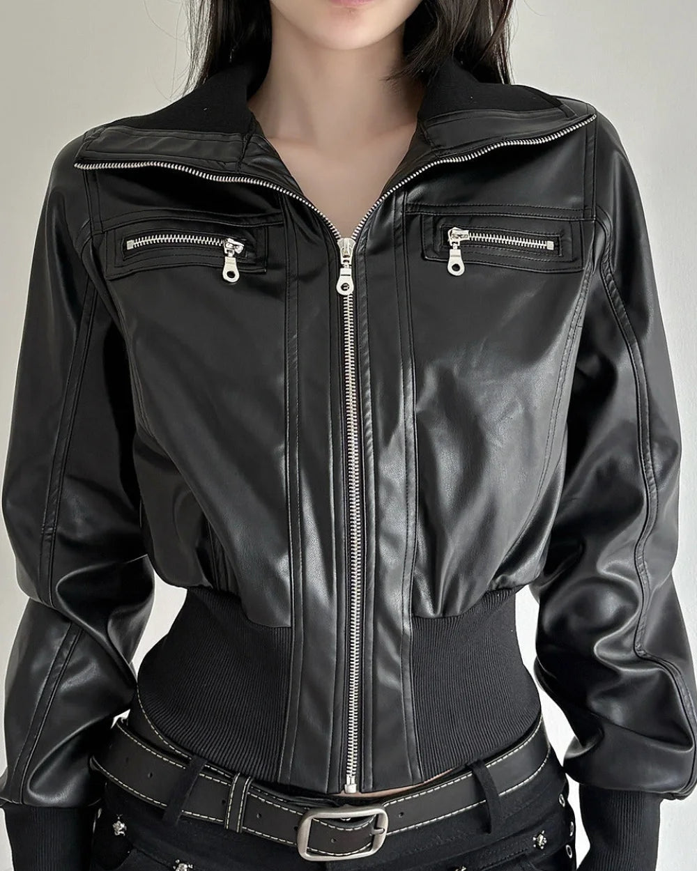 Luxe Women's Leather Jacket | Slim Fit, Stand Collar, Chic Patchwork Design 2
