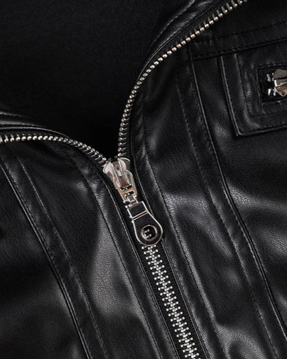 Luxe Women's Leather Jacket | Slim Fit, Stand Collar, Chic Patchwork Design 4