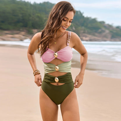 Women's One-Piece Swimsuit in Beige – styled view | Hensley London