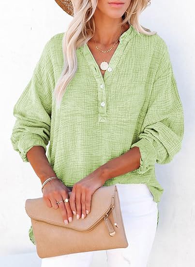 Women's Pleated Cotton Button Long Sleeve Top in Light Green – front view | Hensley London