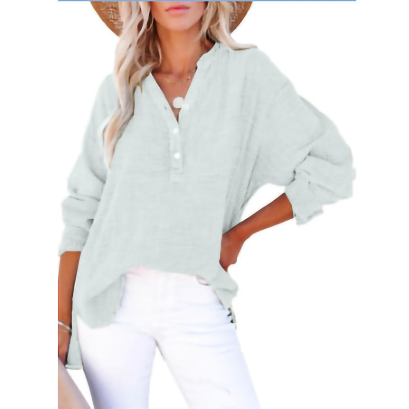 Women's Pleated Cotton Button Long Sleeve Top in Light Blue – front view | Hensley London