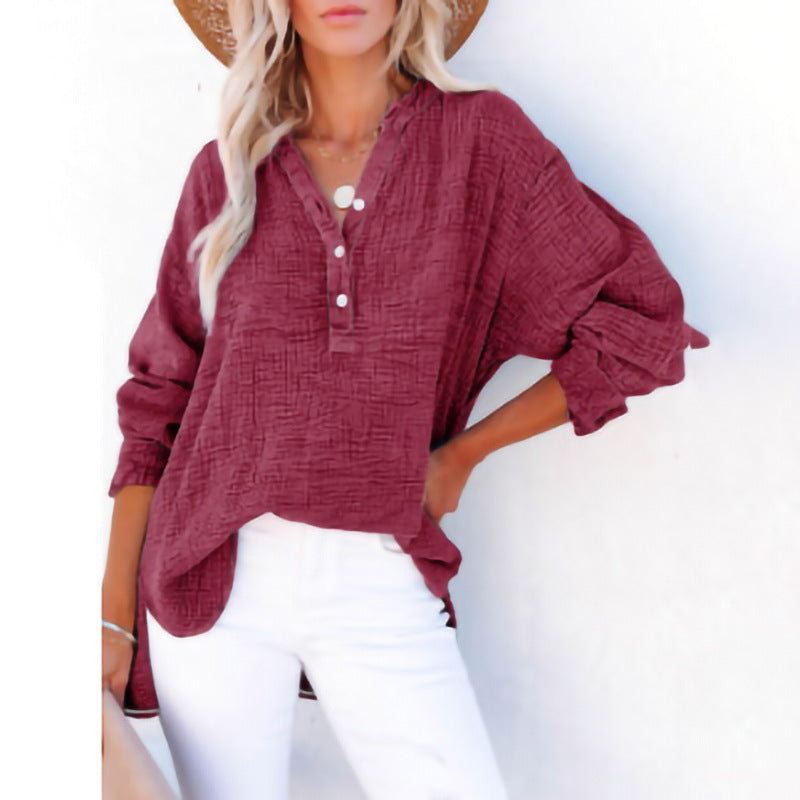 Women's Pleated Cotton Button Long Sleeve Top in Claret – front view | Hensley London