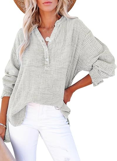 Women's Pleated Cotton Button Long Sleeve Top in Gray – front view | Hensley London