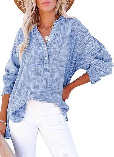 Women's Pleated Cotton Button Long Sleeve Top in Blue – front view | Hensley London