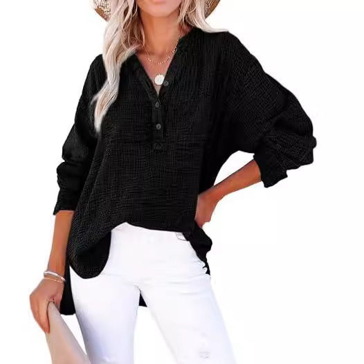 Women's Pleated Cotton Button Long Sleeve Top in Black – front view | Hensley London
