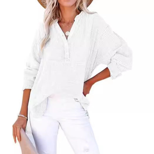 Women's Pleated Cotton Button Long Sleeve Top in White – front view | Hensley London