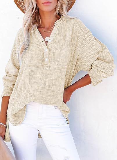 Women's Pleated Cotton Button Long Sleeve Top in Beige – front view | Hensley London