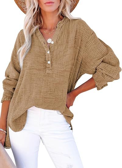 Women's Pleated Cotton Button Long Sleeve Top in Brown – front view | Hensley London