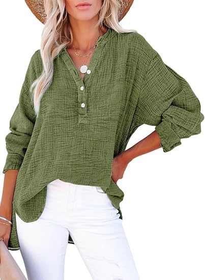 Women's Pleated Cotton Button Long Sleeve Top in Army Green – front view | Hensley London