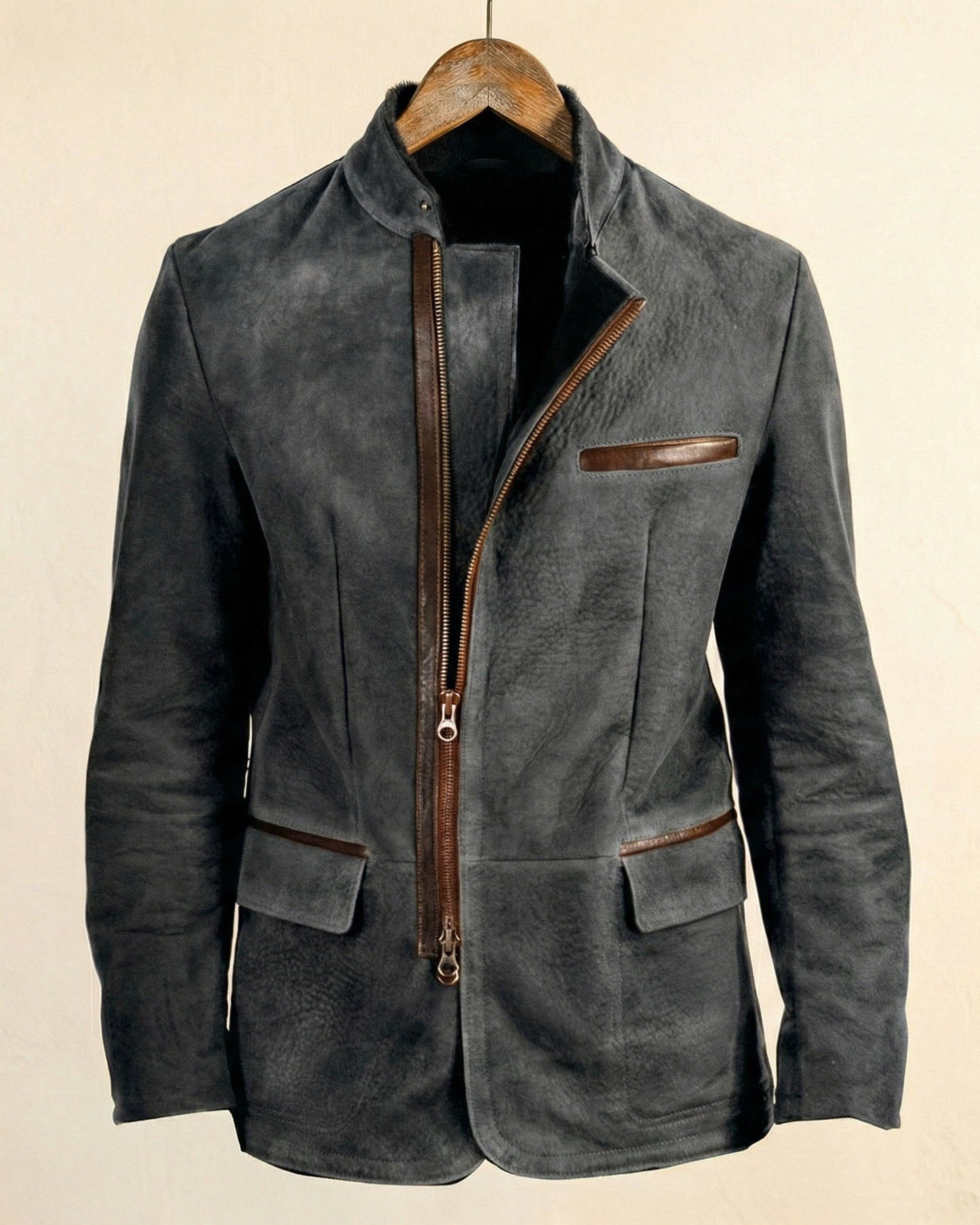 Men's Brushed Suede Asymmetric-Zip Jacket in Khaki – side view | Hensley London