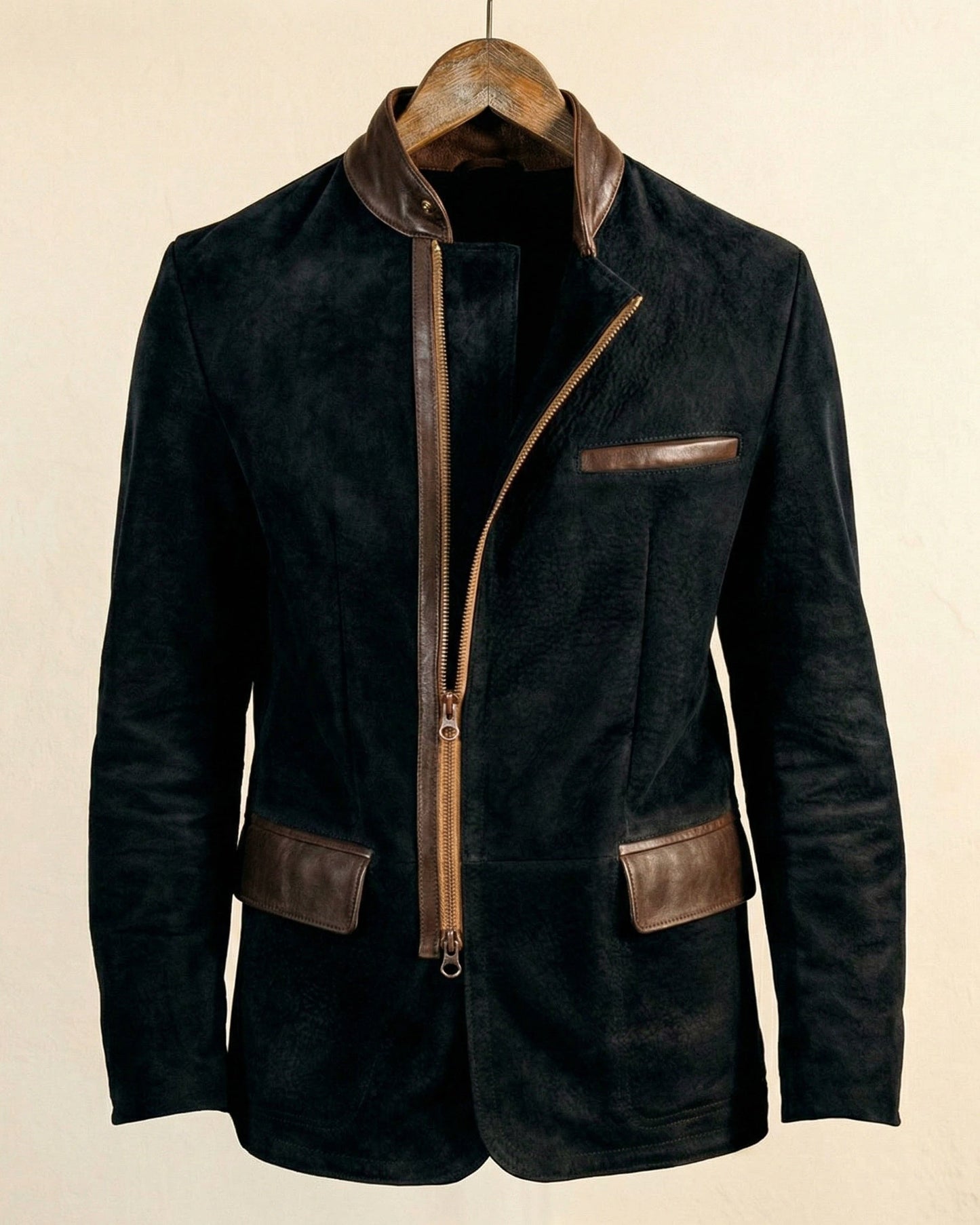 Men's Brushed Suede Asymmetric-Zip Jacket in Gray – front view | Hensley London