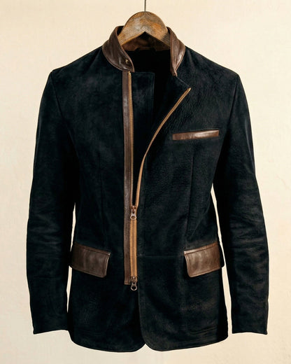 Men's Brushed Suede Asymmetric-Zip Jacket in Gray – front view | Hensley London