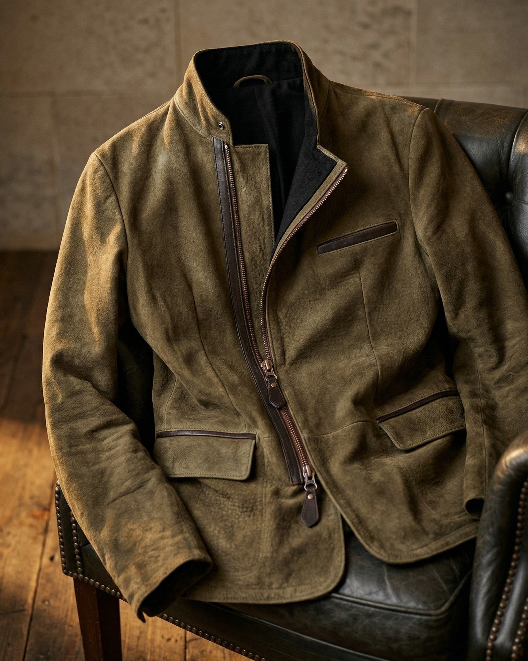 Men's Brushed Suede Asymmetric-Zip Jacket in Black – front view | Hensley London