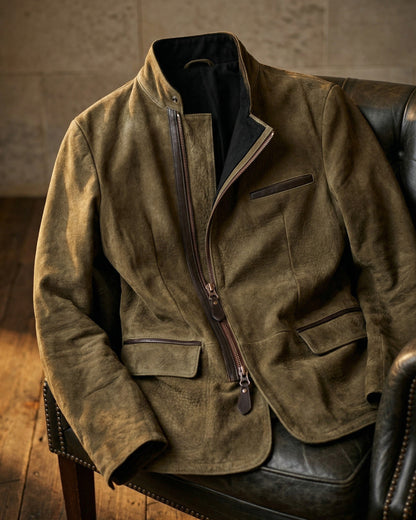 Men's Brushed Suede Asymmetric-Zip Jacket in Black – front view | Hensley London