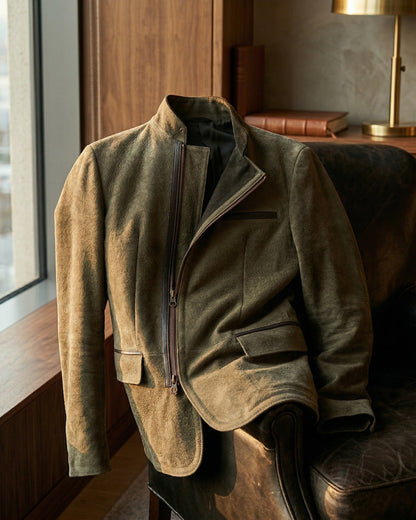 Men's Brushed Suede Asymmetric-Zip Jacket in Black – back view | Hensley London