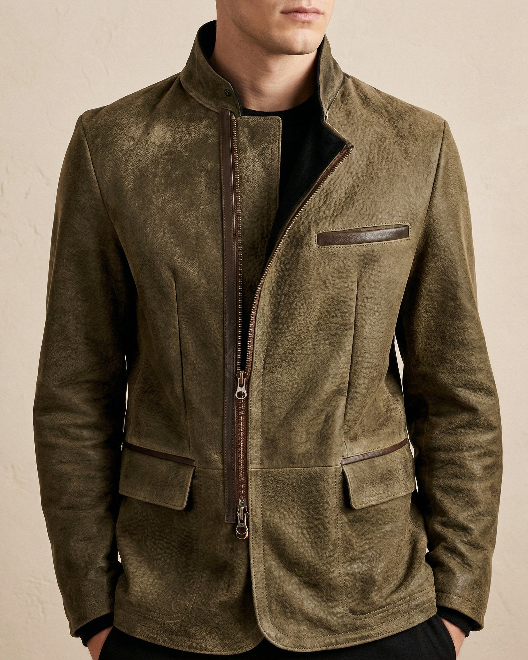 Men's Brushed Suede Asymmetric-Zip Jacket in Khaki – collar detail | Hensley London