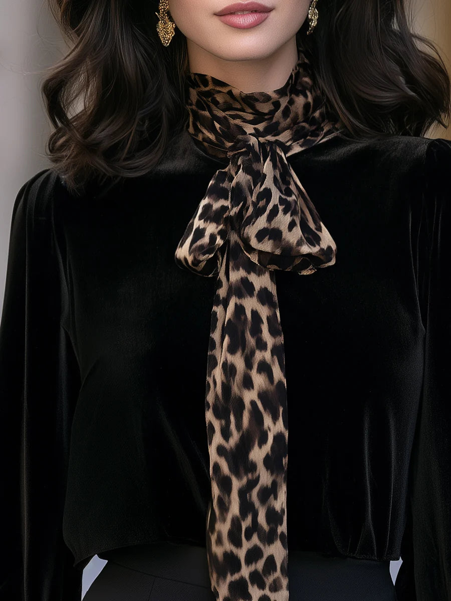 Women's Leopard Bow-Neck Velvet-Look Blouse in Black – Product view | Hensley London