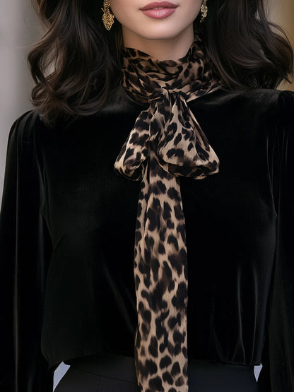 Women's Leopard Bow-Neck Velvet-Look Blouse in Black – Product view | Hensley London