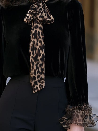 Women's Leopard Bow-Neck Velvet-Look Blouse in Black – Product view | Hensley London