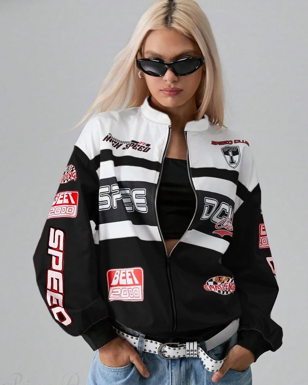 Lara Women's Jacket | Stand Collar, Letter Print Design 1