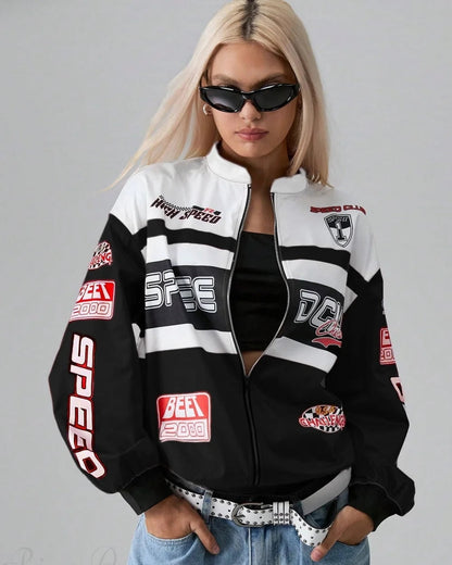 Lara Women's Jacket | Stand Collar, Letter Print Design 1