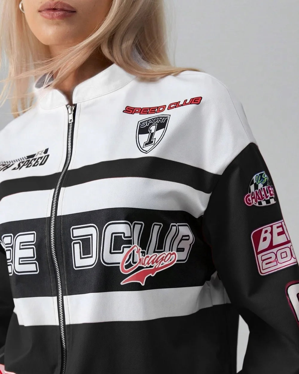 Lara Women's Jacket | Stand Collar, Letter Print Design 4