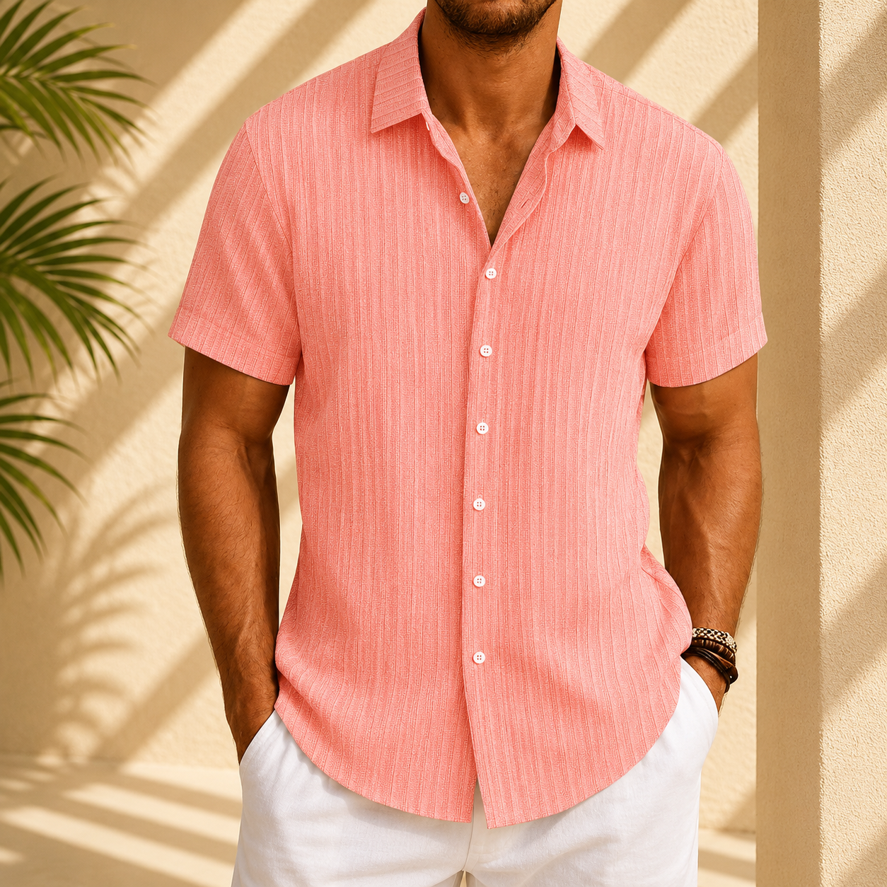 Men's Cotton Linen Striped Short Sleeve Shirt in Pink – front view | Hensley London