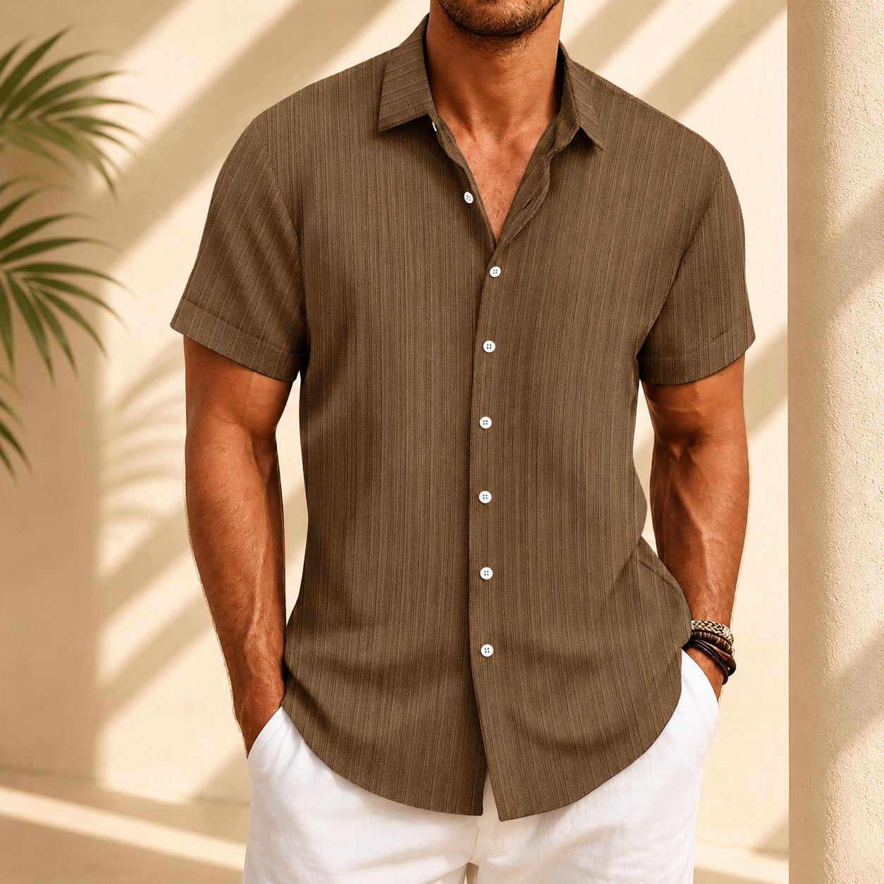 Men's Cotton Linen Striped Short Sleeve Shirt in Brown – front view | Hensley London