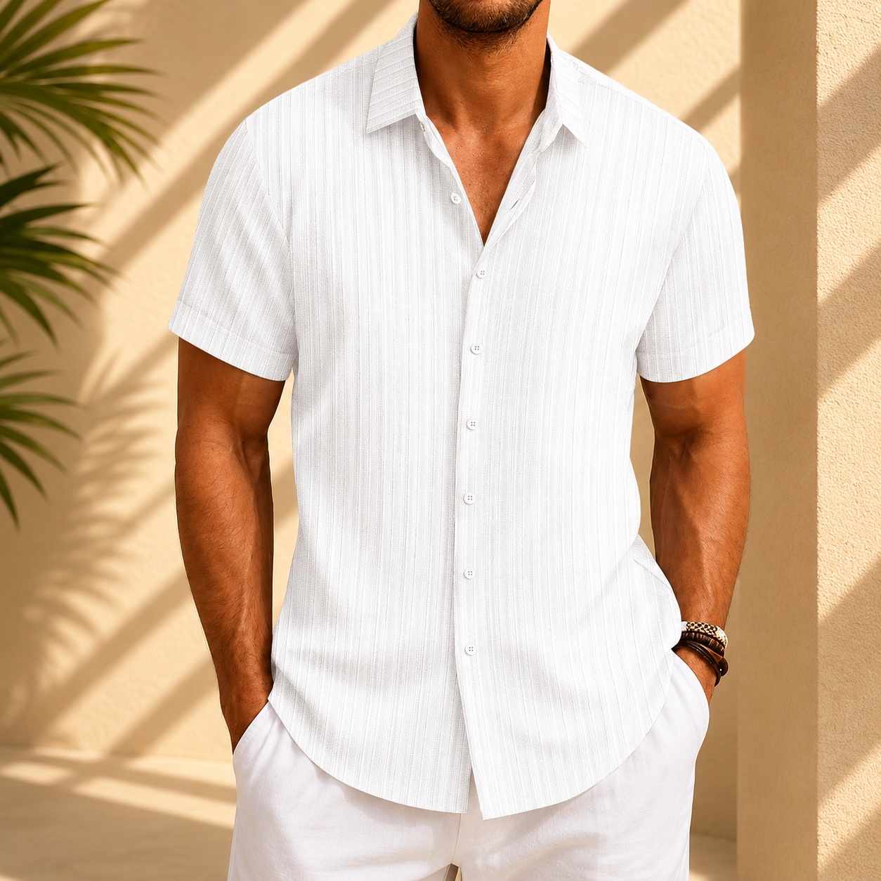 Men's Cotton Linen Striped Short Sleeve Shirt in White – front view | Hensley London