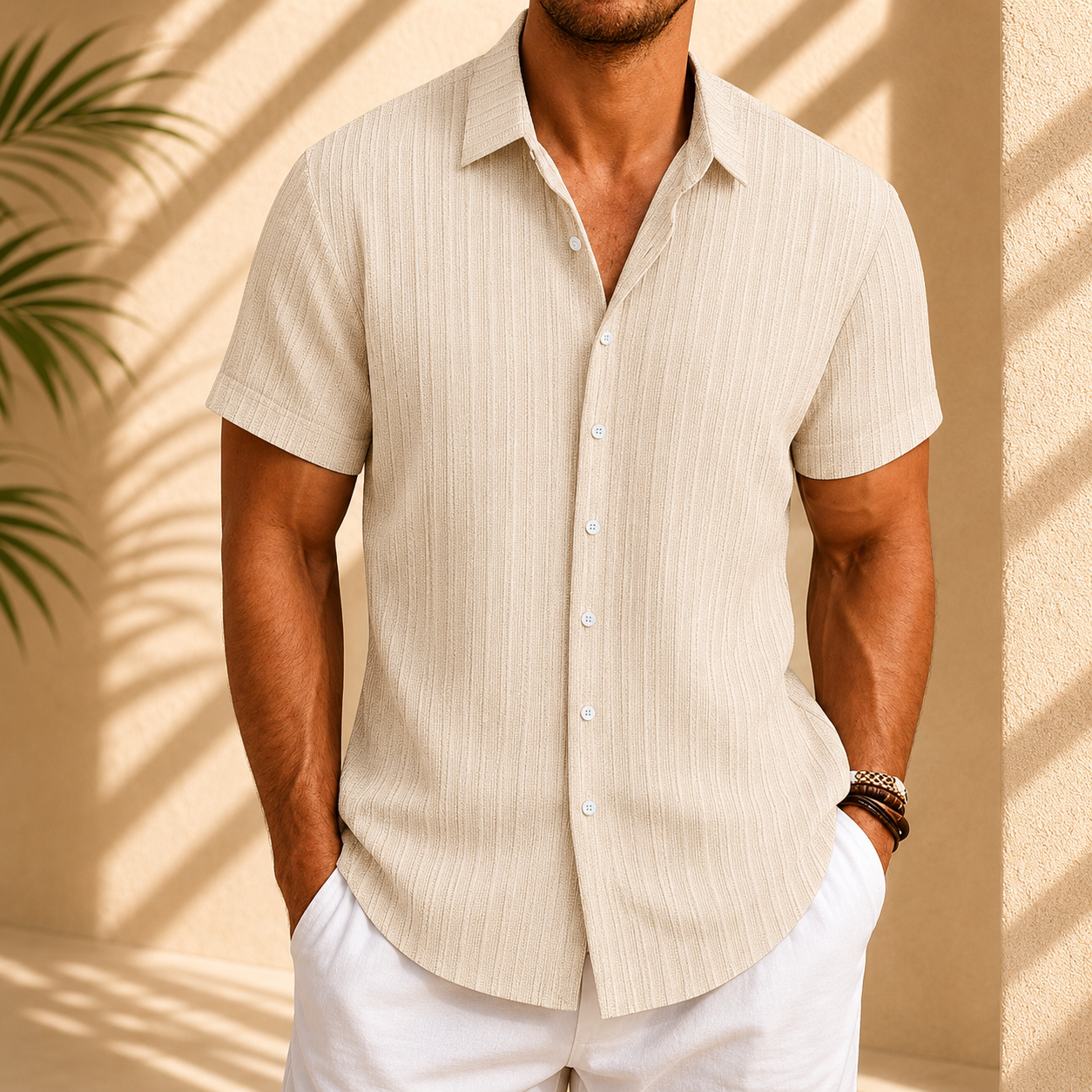 Men's Cotton Linen Striped Short Sleeve Shirt in Khaki – front view | Hensley London