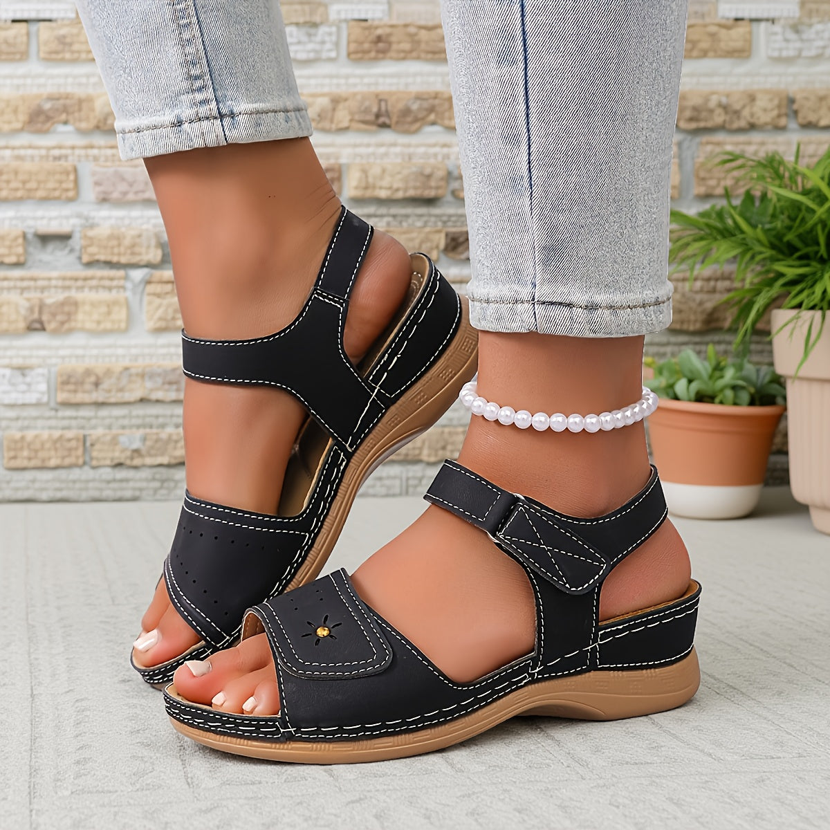 Women's Adjustable Strap Summer Sandals in Black – styled view | Hensley London