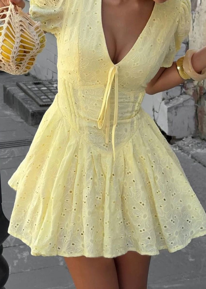 Women's Mini Dress Yellow Eyelet Cotton - 5