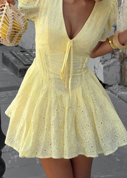 Women's Mini Dress Yellow Eyelet Cotton - 5
