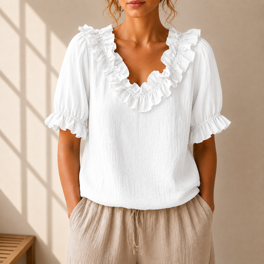 Women's Ruffle Neckline Blouse – front view | Hensley London
