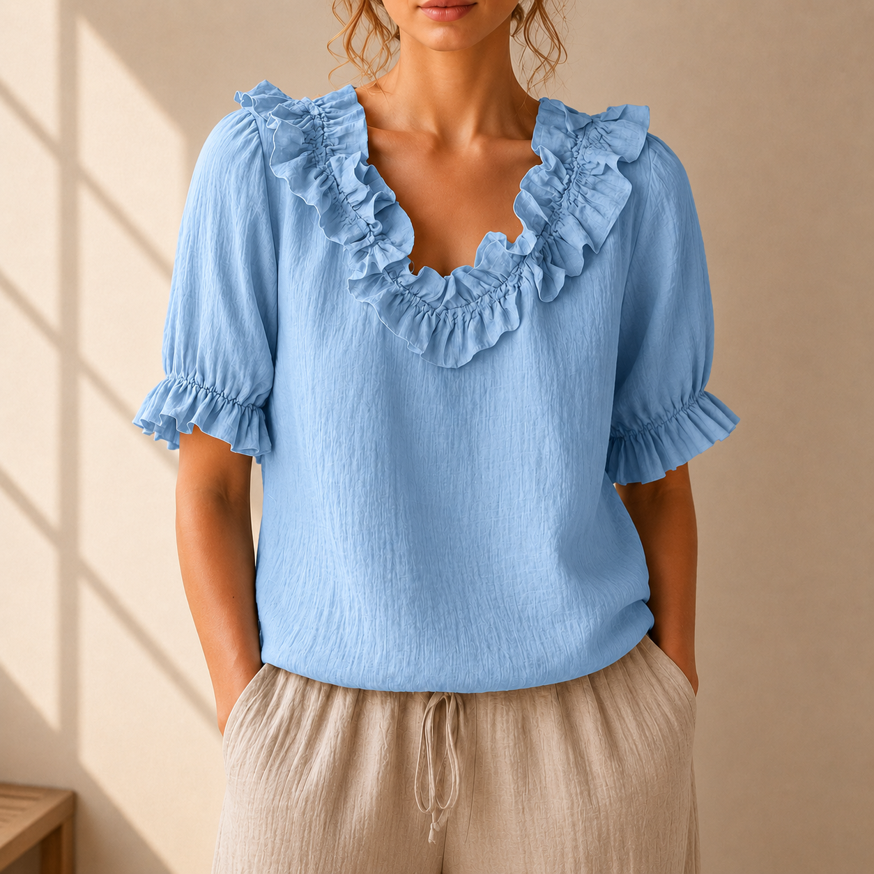 Women's Ruffle Neckline Blouse – product view | Hensley London
