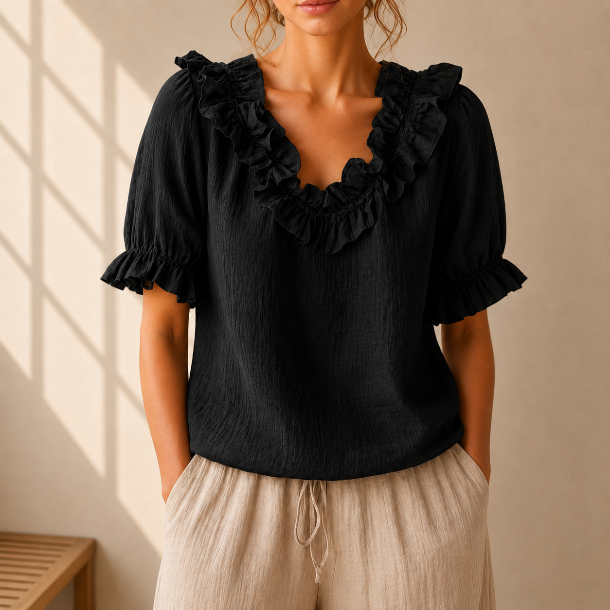 Women's Ruffle Neckline Blouse – product view | Hensley London